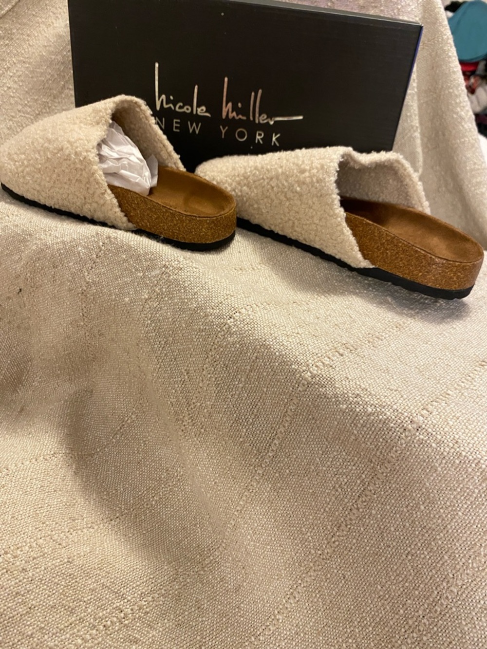 Nicole Miller Cream Bondy Slide Sandals with Cork Footbed Sz 6